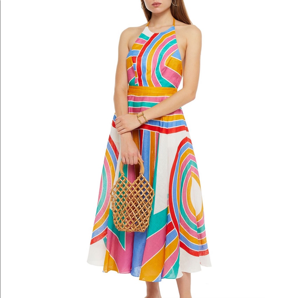 Zimmermann Fiesta Striped Linen-Voile Halterneck Midi Dress
